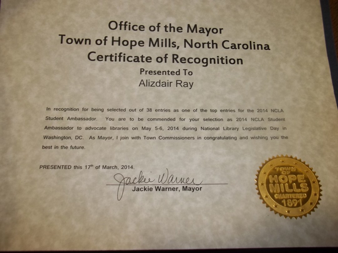 Alizdair Certificate of Recognition